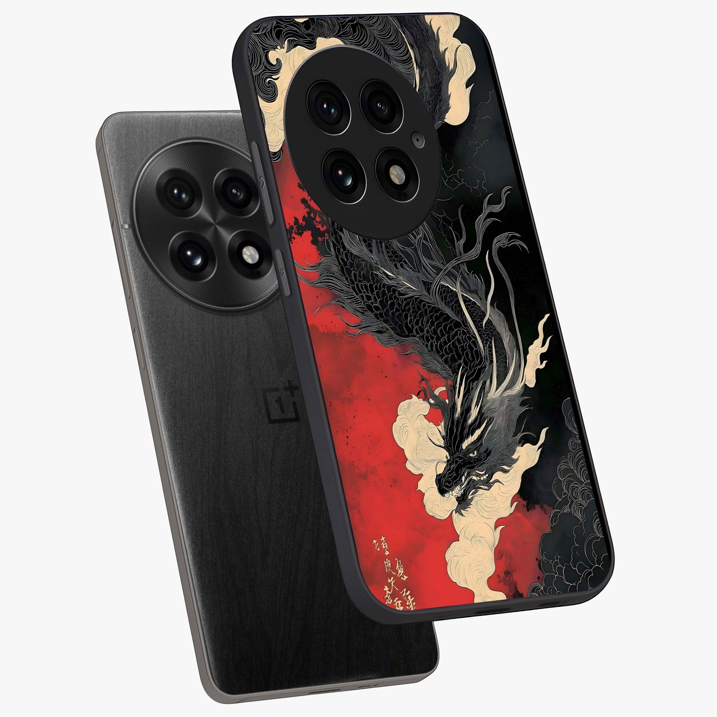 Shadow Dragon Fury Glass Case for 1+13 angled mockup showcasing glossy finish and powerful fantasy detailing