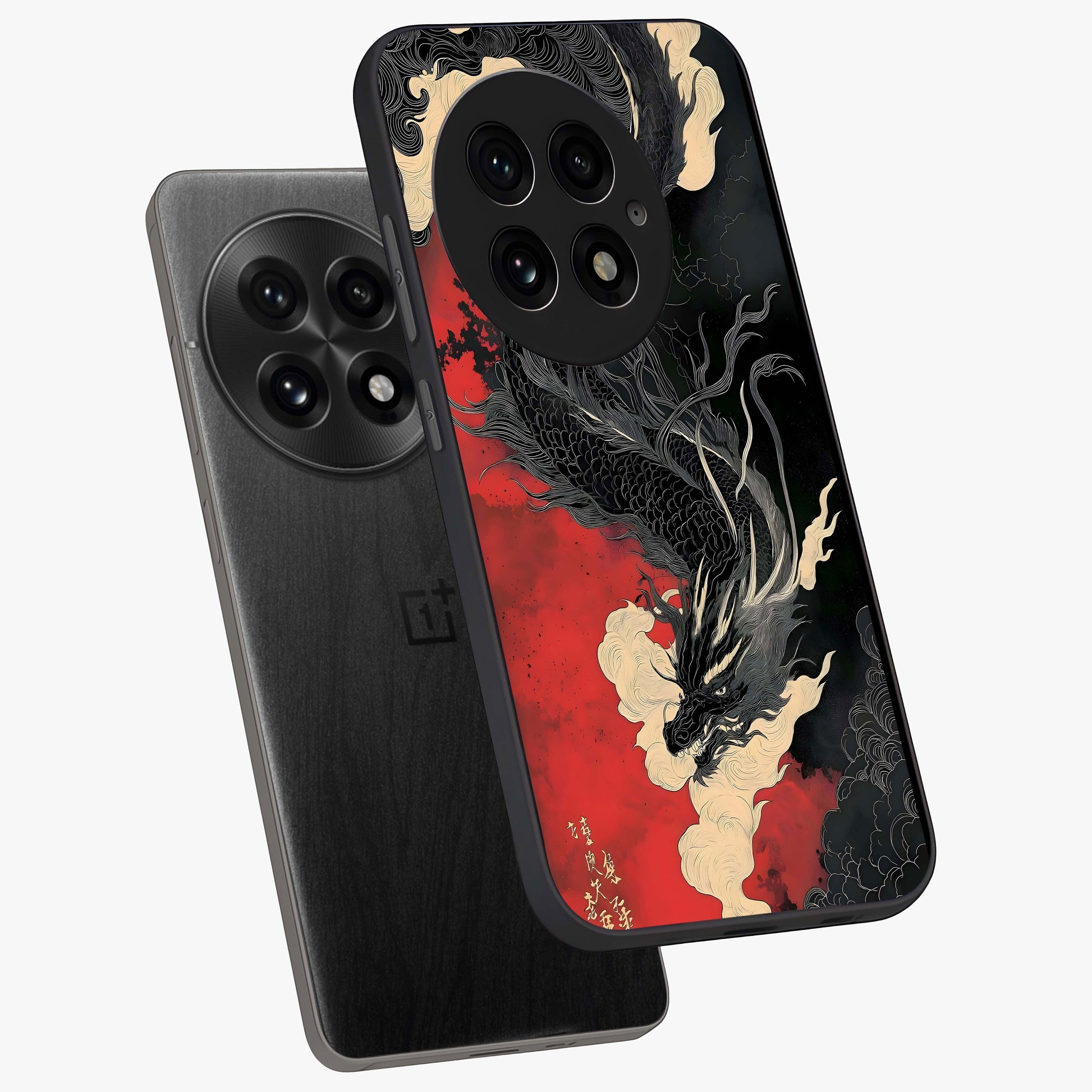 Shadow Dragon Fury Glass Case for 1+13 angled mockup showcasing glossy finish and powerful fantasy detailing