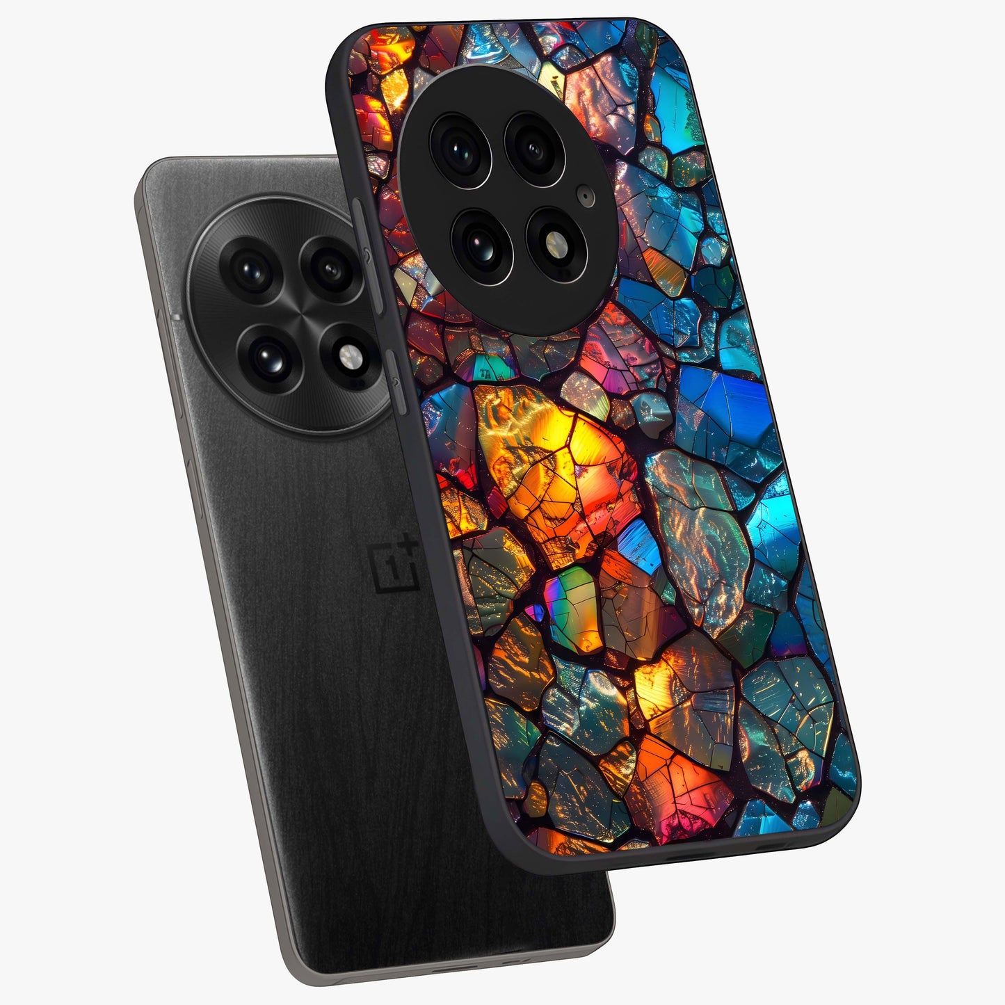 Shattered Light Glass Case for 1+13 angled mockup showcasing glossy finish and high contrast detailing