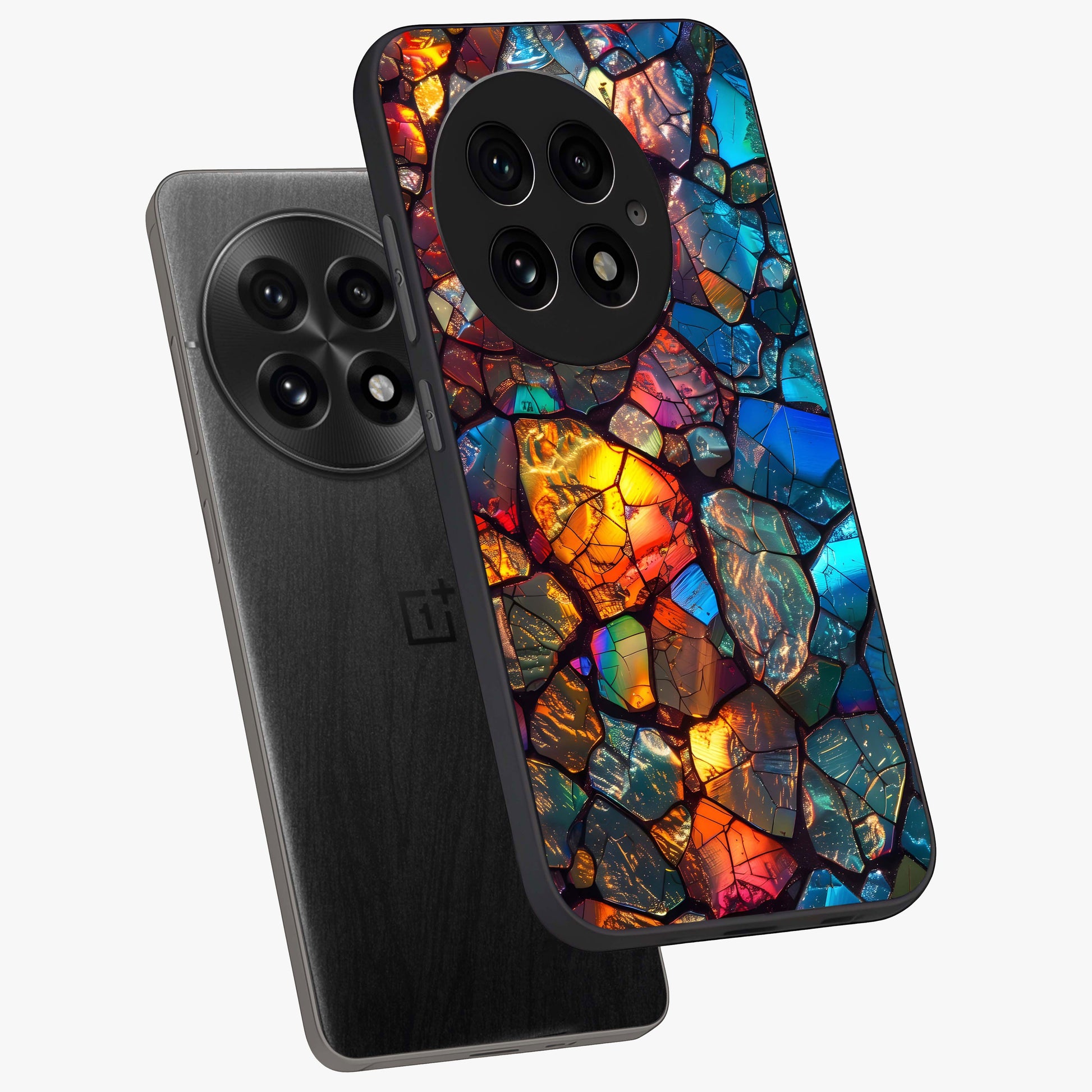 Shattered Light Glass Case for 1+13 angled mockup showcasing glossy finish and high contrast detailing