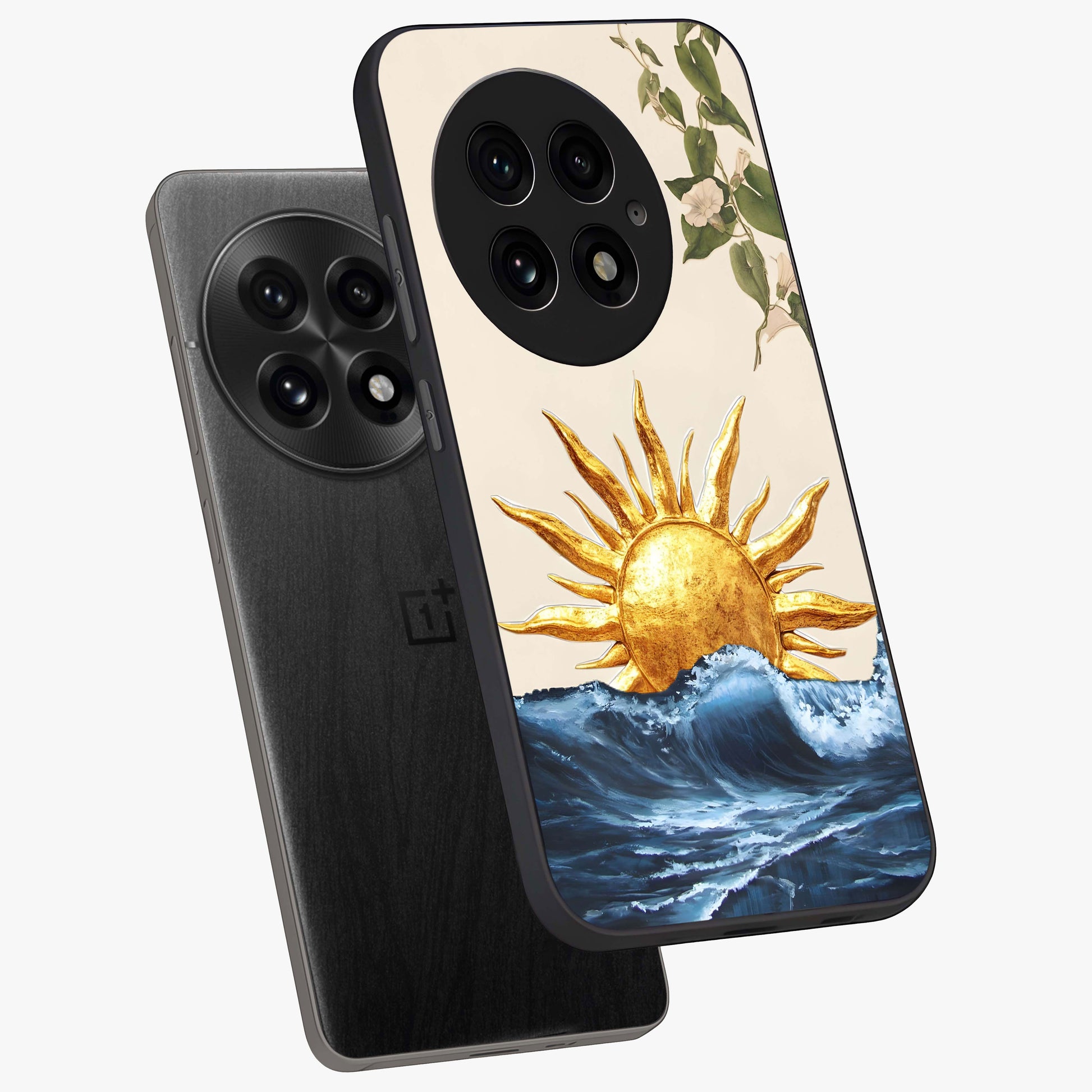 Solar Wave Bloom Glass Case for 1+13 angled mockup showcasing glossy finish and warm luminous tones