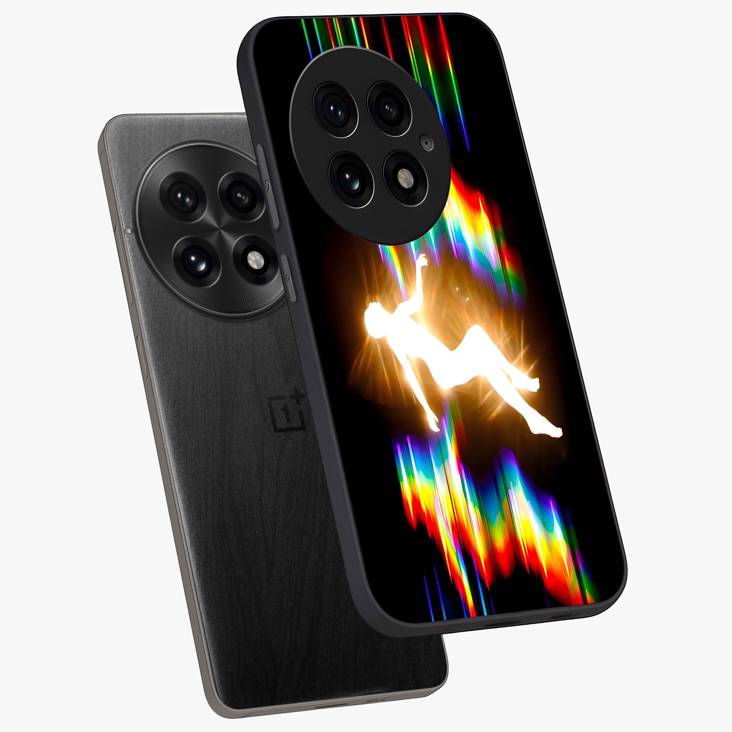 Soul in Spectrum Glass Case for 1+13 angled mockup showcasing glossy finish and vibrant gradient detailing