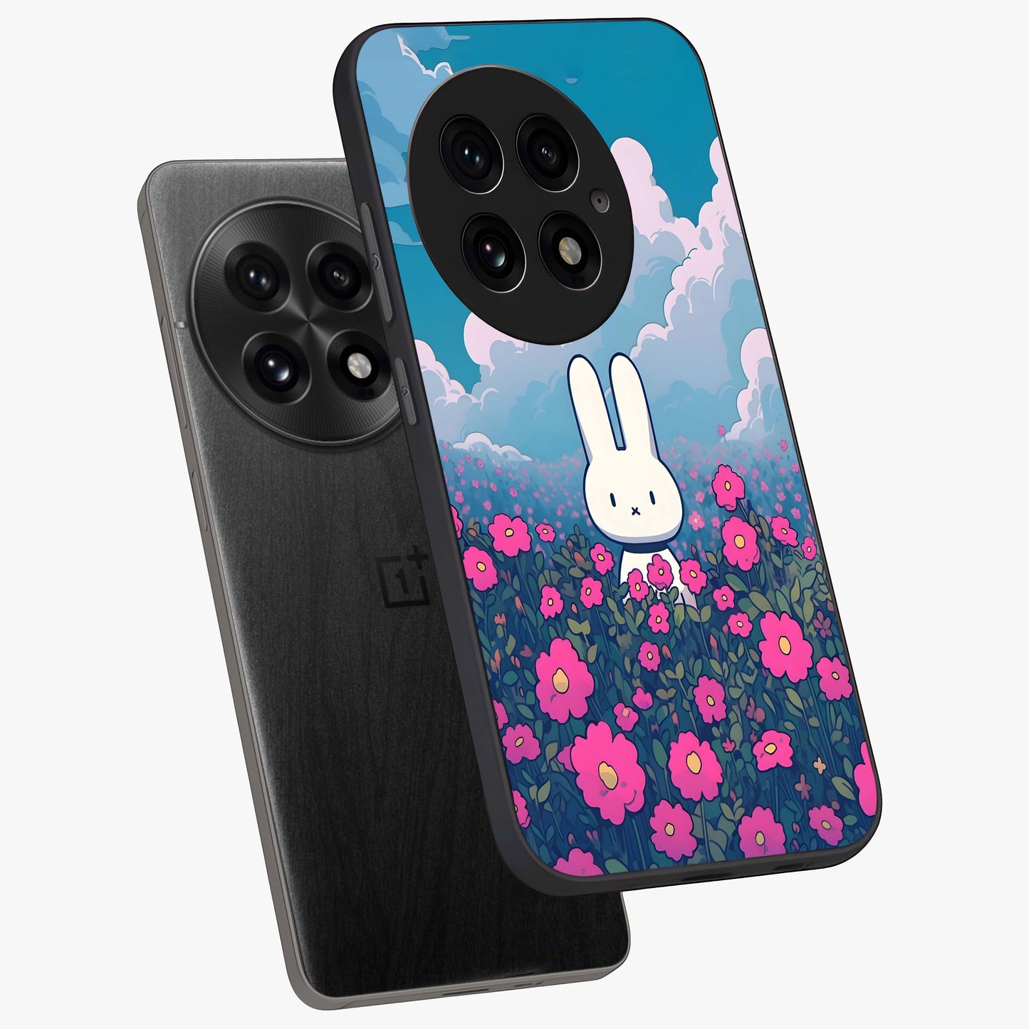Springtime Blossom Bunny Glass Case for 1+13 angled mockup showcasing glossy finish and soft pastel tones