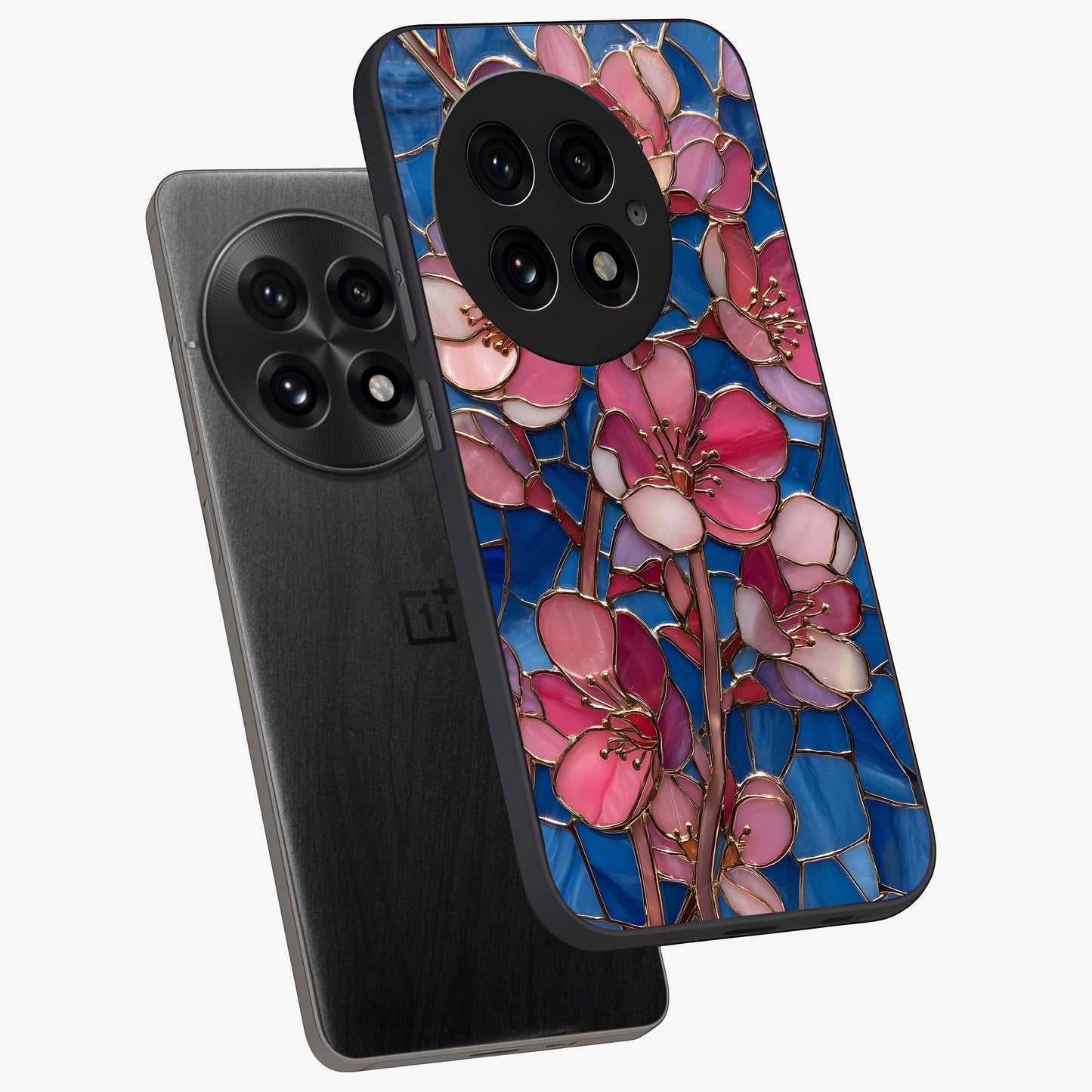 Stained Bloom Grace Glass Case for 1+13 angled mockup showcasing glossy finish and vibrant mosaic tones