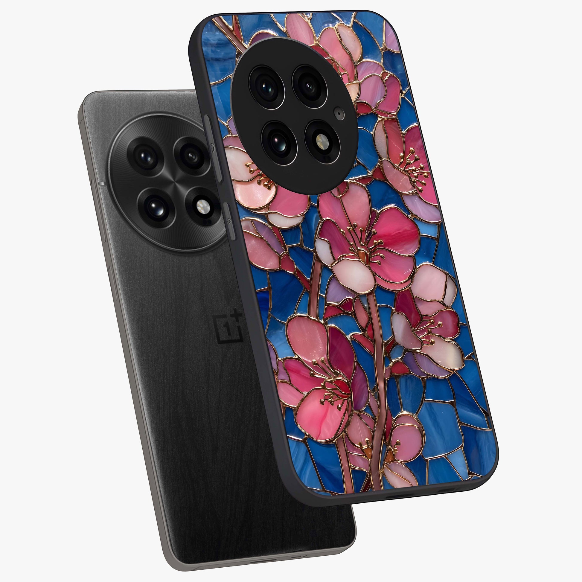 Stained Bloom Grace Glass Case for 1+13 angled mockup showcasing glossy finish and vibrant mosaic tones