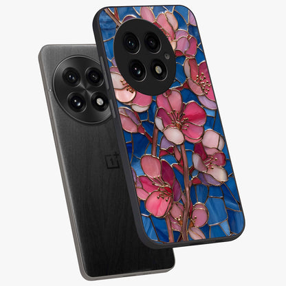 Stained Bloom Grace Glass Case for 1+13 angled mockup showcasing glossy finish and vibrant mosaic tones