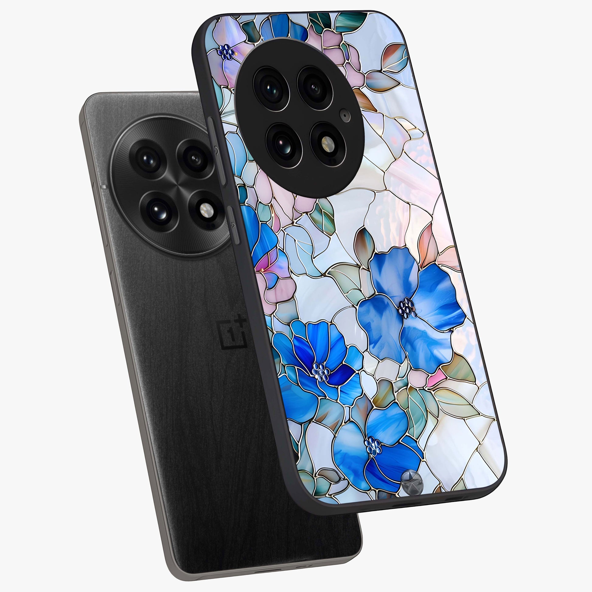 Stained Blue Floral Glass Case for 1+13 angled mockup showcasing glossy glass finish and rich sapphire tones