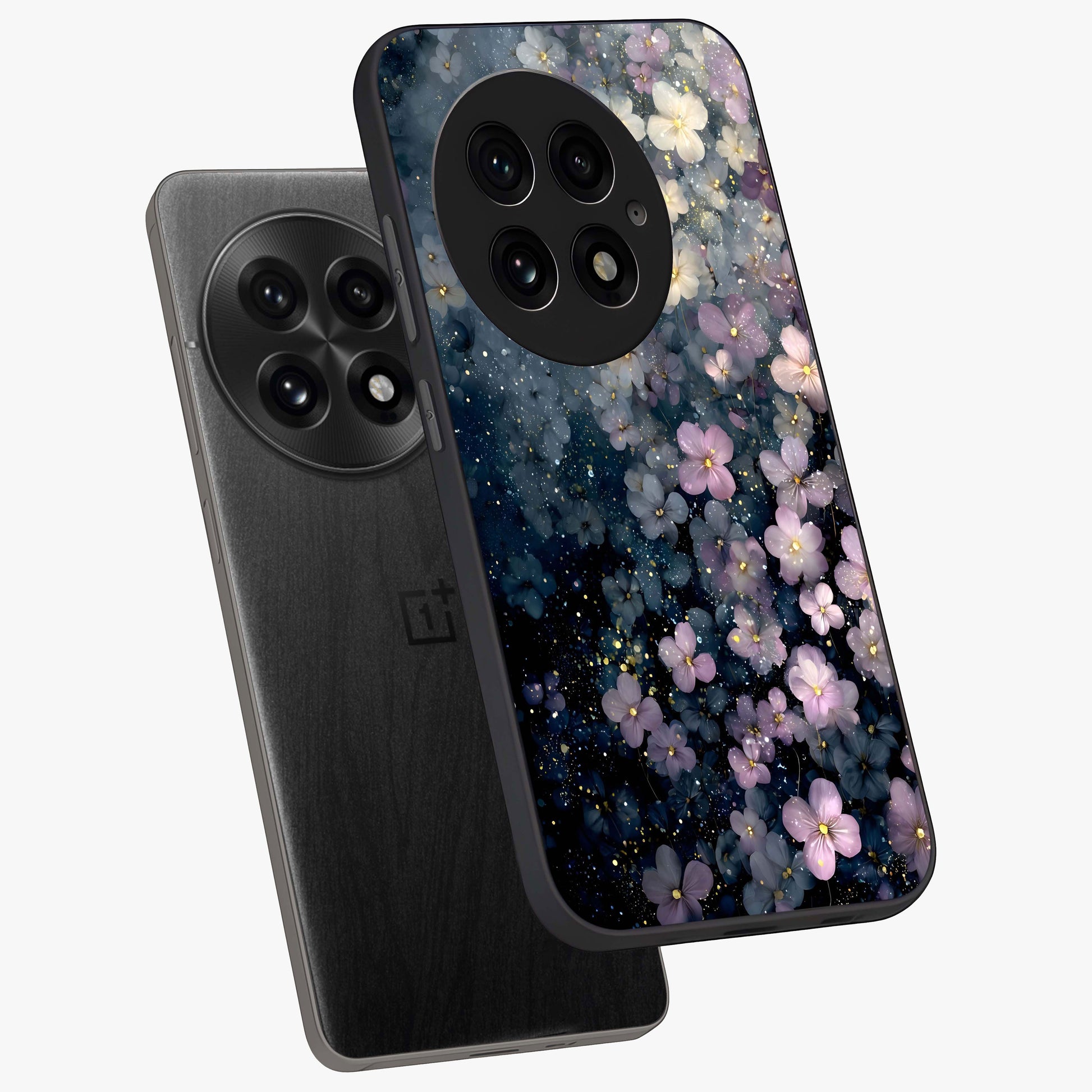 Starlit Blossom Dreams Glass Case for 1+13 angled mockup showcasing glossy finish and soft celestial detailing