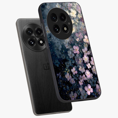 Starlit Blossom Dreams Glass Case for 1+13 angled mockup showcasing glossy finish and soft celestial detailing