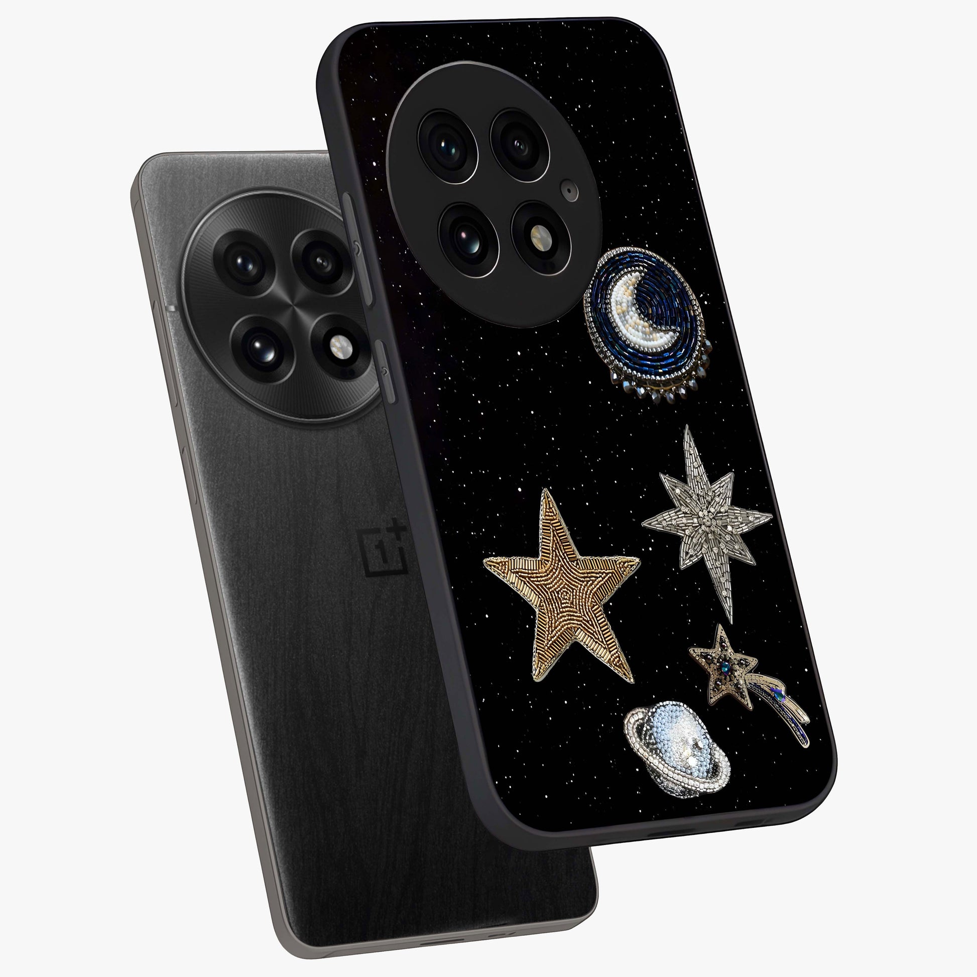 Starlit Cosmic Dreams Glass Case for 1+13 angled mockup showcasing glossy finish and deep space gradients
