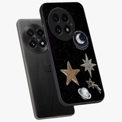 Starlit Cosmic Dreams Glass Case for 1+13 angled mockup showcasing glossy finish and deep space gradients