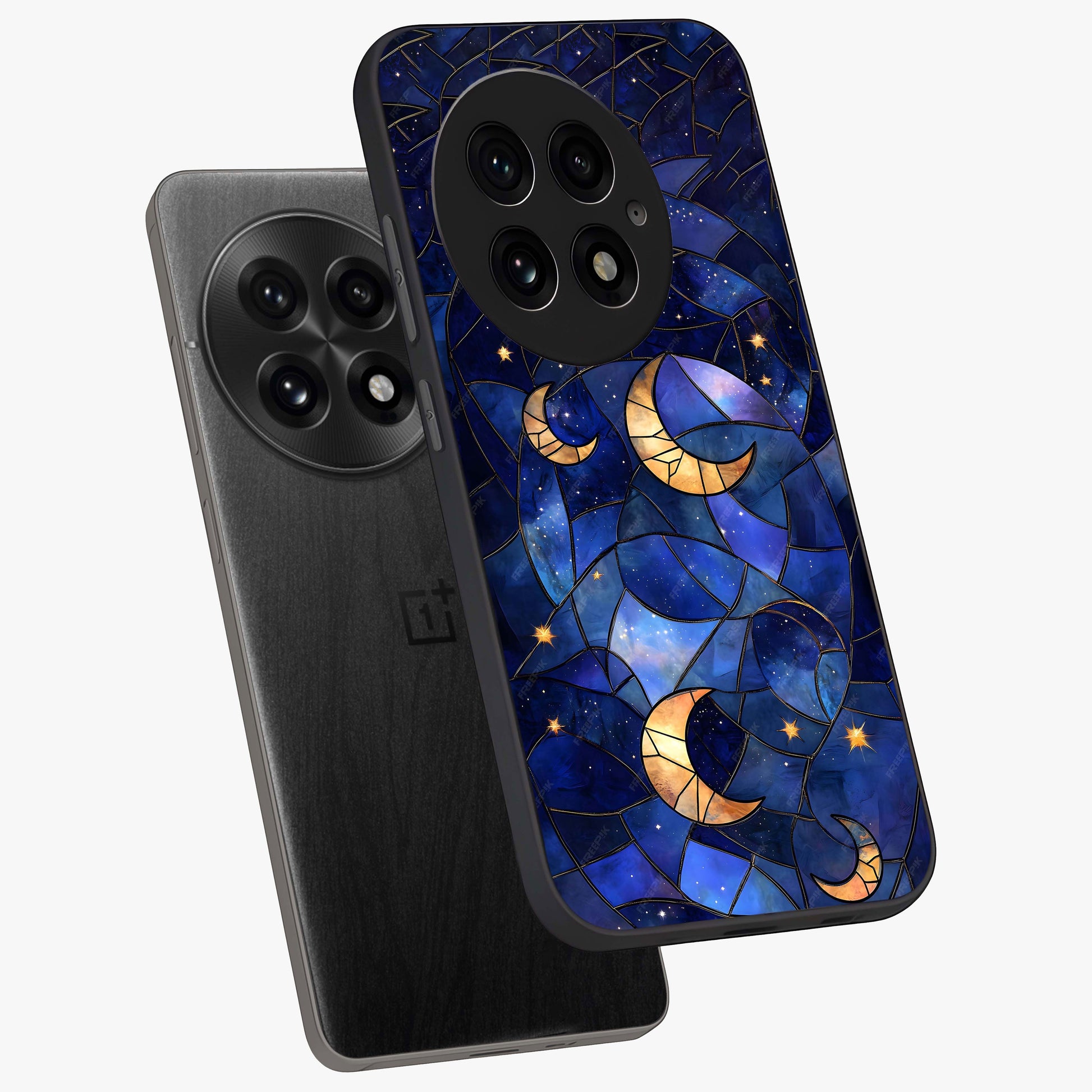 Starlit Sky Tapestry Glass Case for 1+13 angled mockup showcasing glossy finish and rich night tones