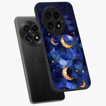 Starlit Sky Tapestry Glass Case for 1+13 angled mockup showcasing glossy finish and rich night tones