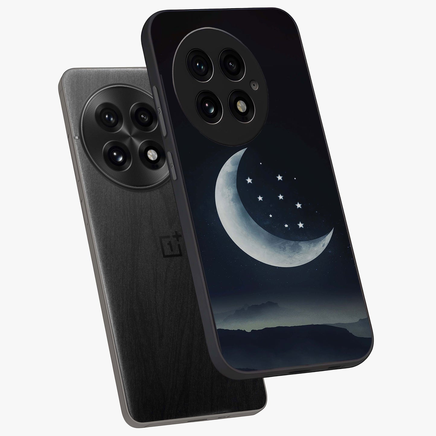 Starry Moon Pattern Glass Case for 1+13 angled mockup showcasing glossy glass finish and deep night tones