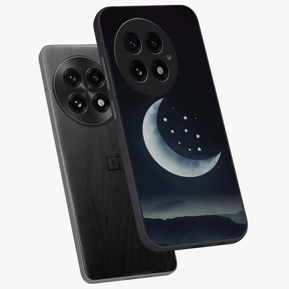 Starry Moon Pattern Glass Case for 1+13 angled mockup showcasing glossy glass finish and deep night tones