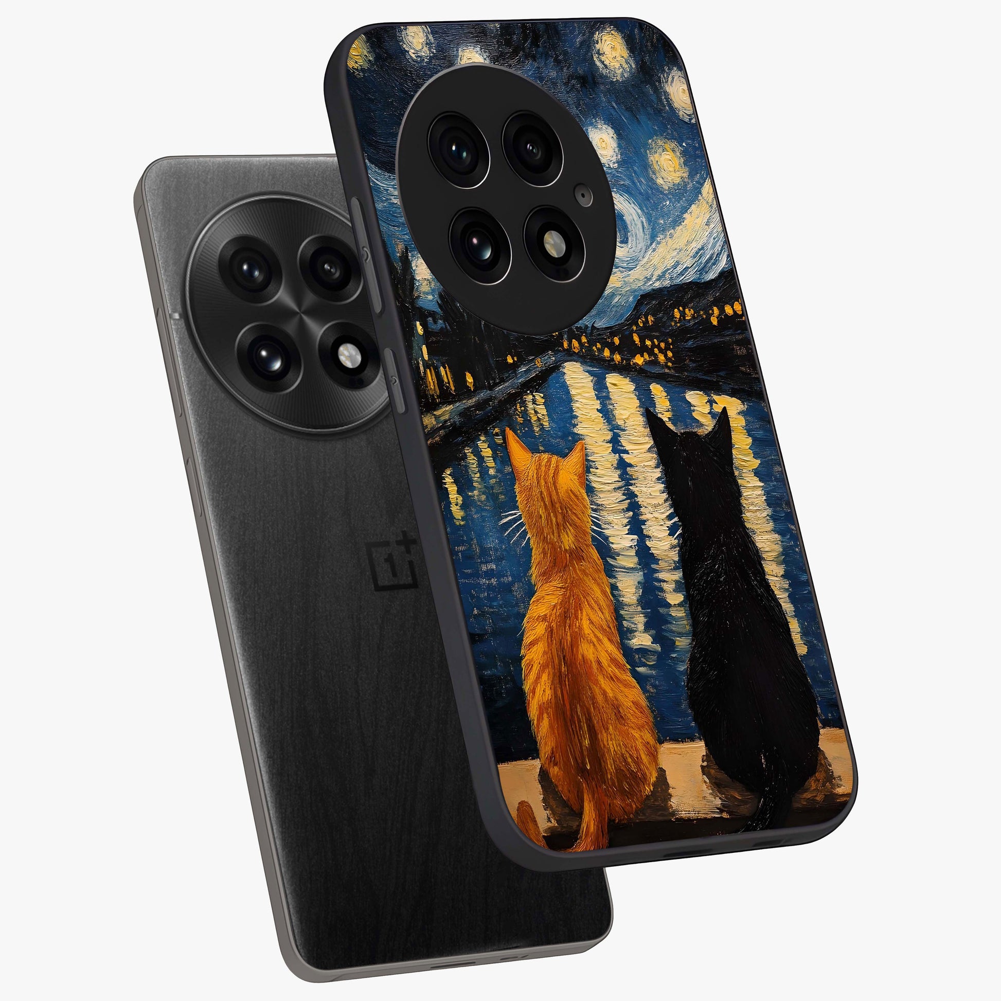 Starry River Cats Glass Case for 1+13 angled mockup showcasing glossy finish and soft cosmic detailing
