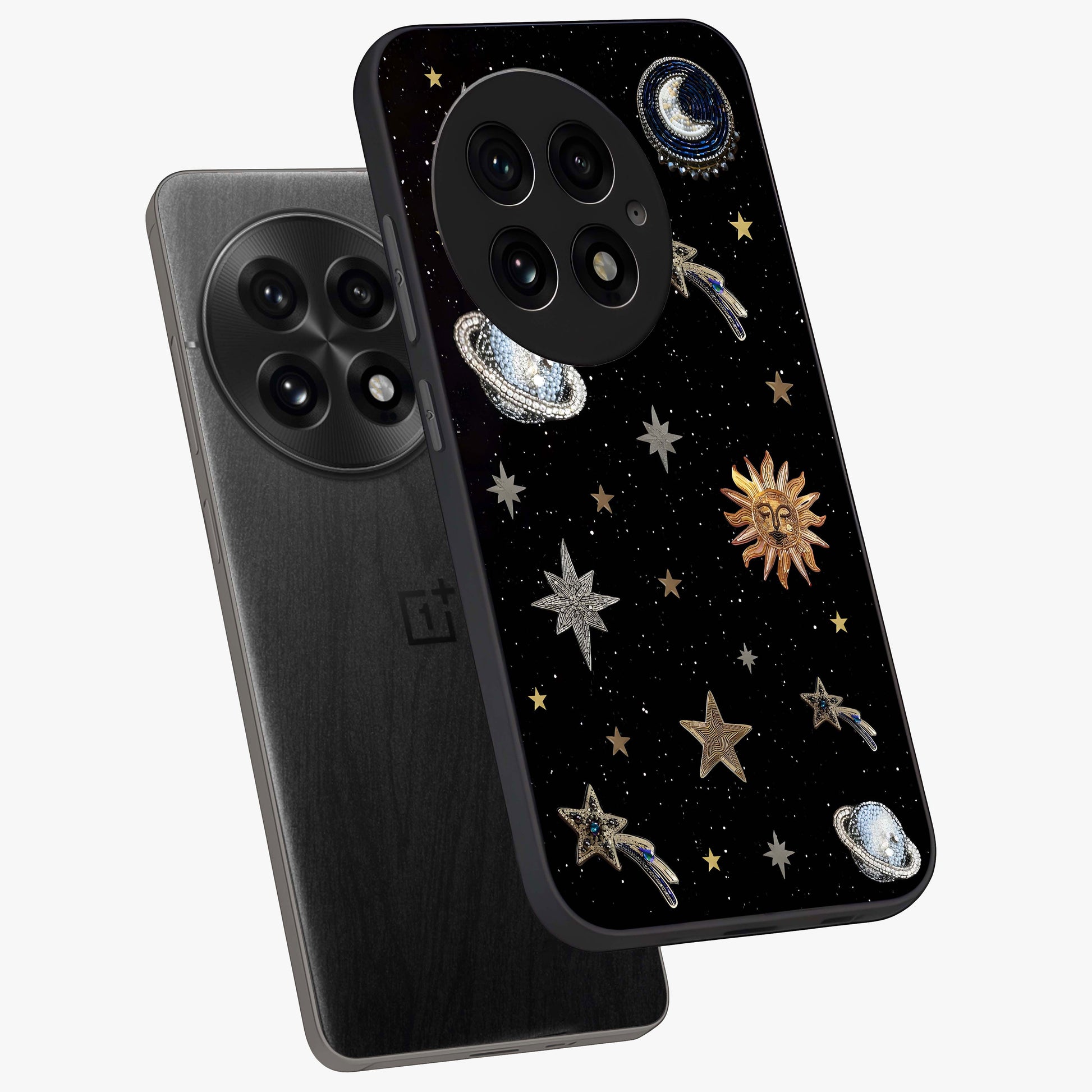 Stars and Planets Brooches Glass Case for 1+13 angled mockup showcasing glossy finish and luminous space tones