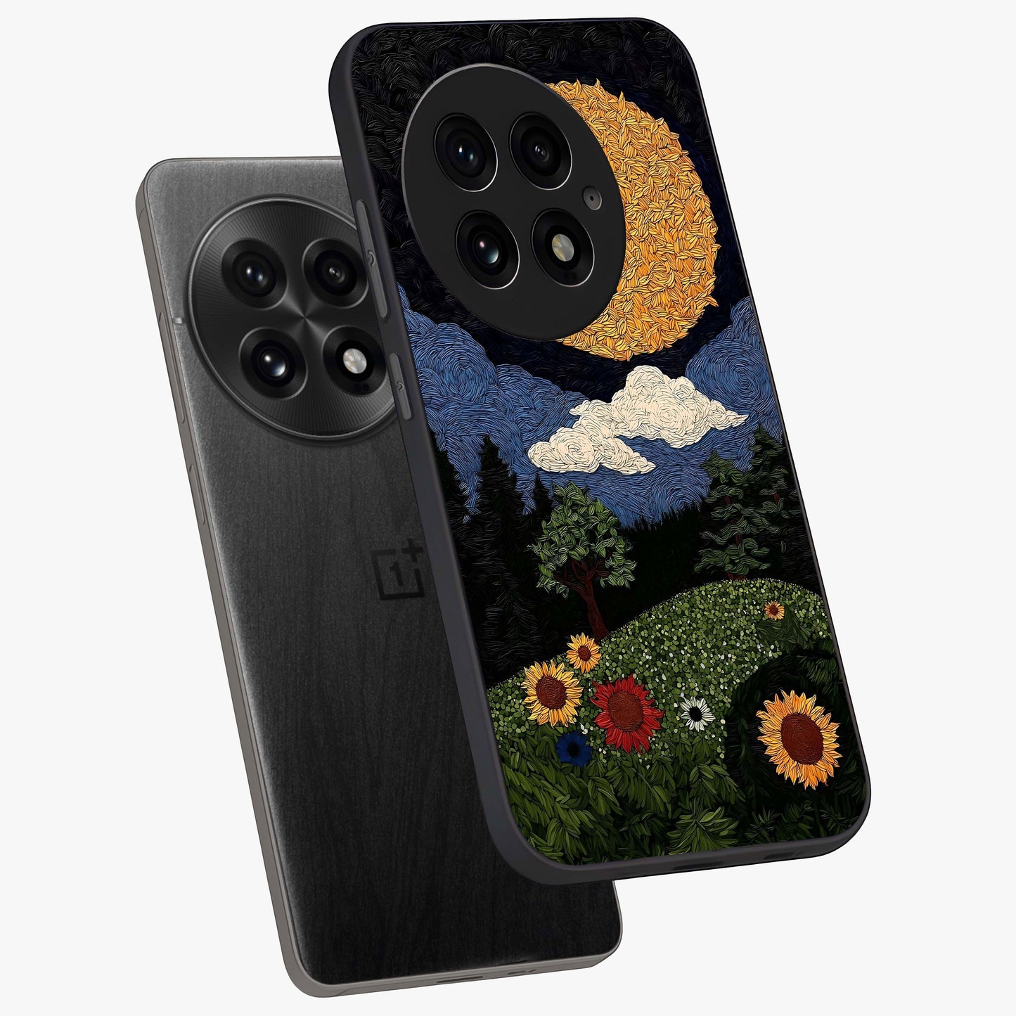 Sun and Moon Magic Design Glass Case for 1+13 angled mockup showcasing glossy finish and mystical gradient tones