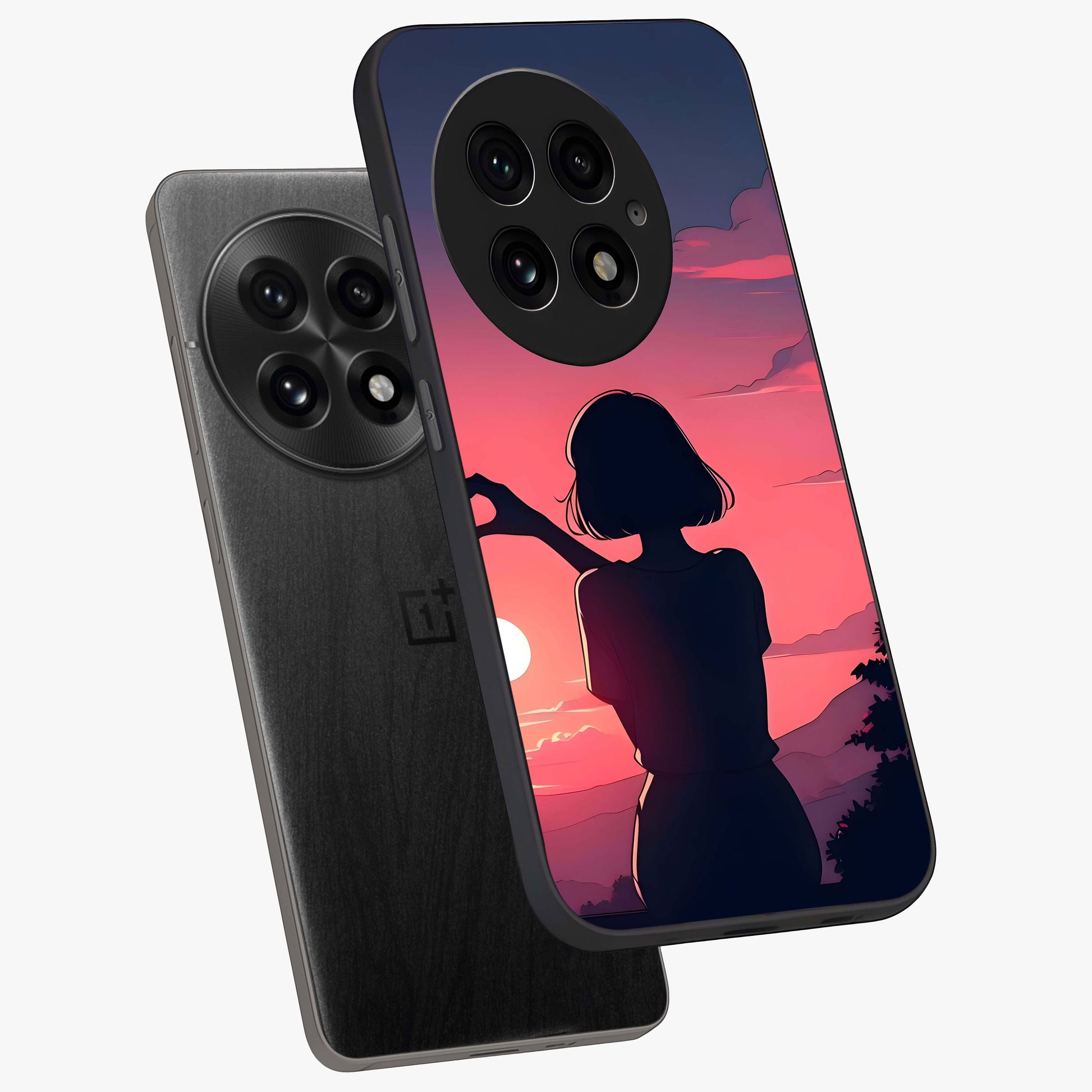 Sunset Silhouette Boy Glass Case for 1+13 angled mockup showcasing glossy finish and rich orange tones