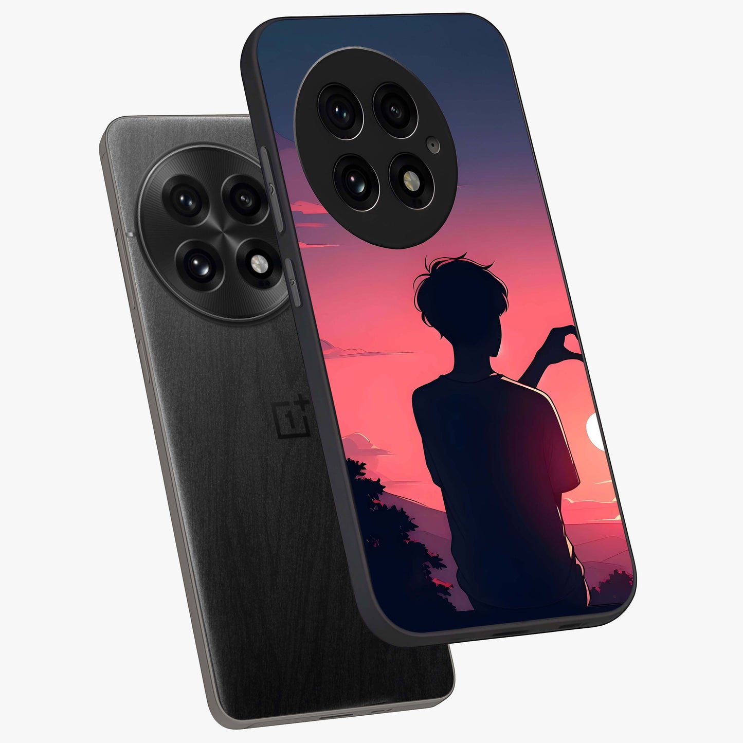 Sunset Silhouette Girl Glass Case for 1+13 angled mockup showcasing glossy finish and warm gradient tones