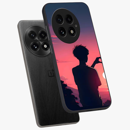 Sunset Silhouette Girl Glass Case for 1+13 angled mockup showcasing glossy finish and warm gradient tones