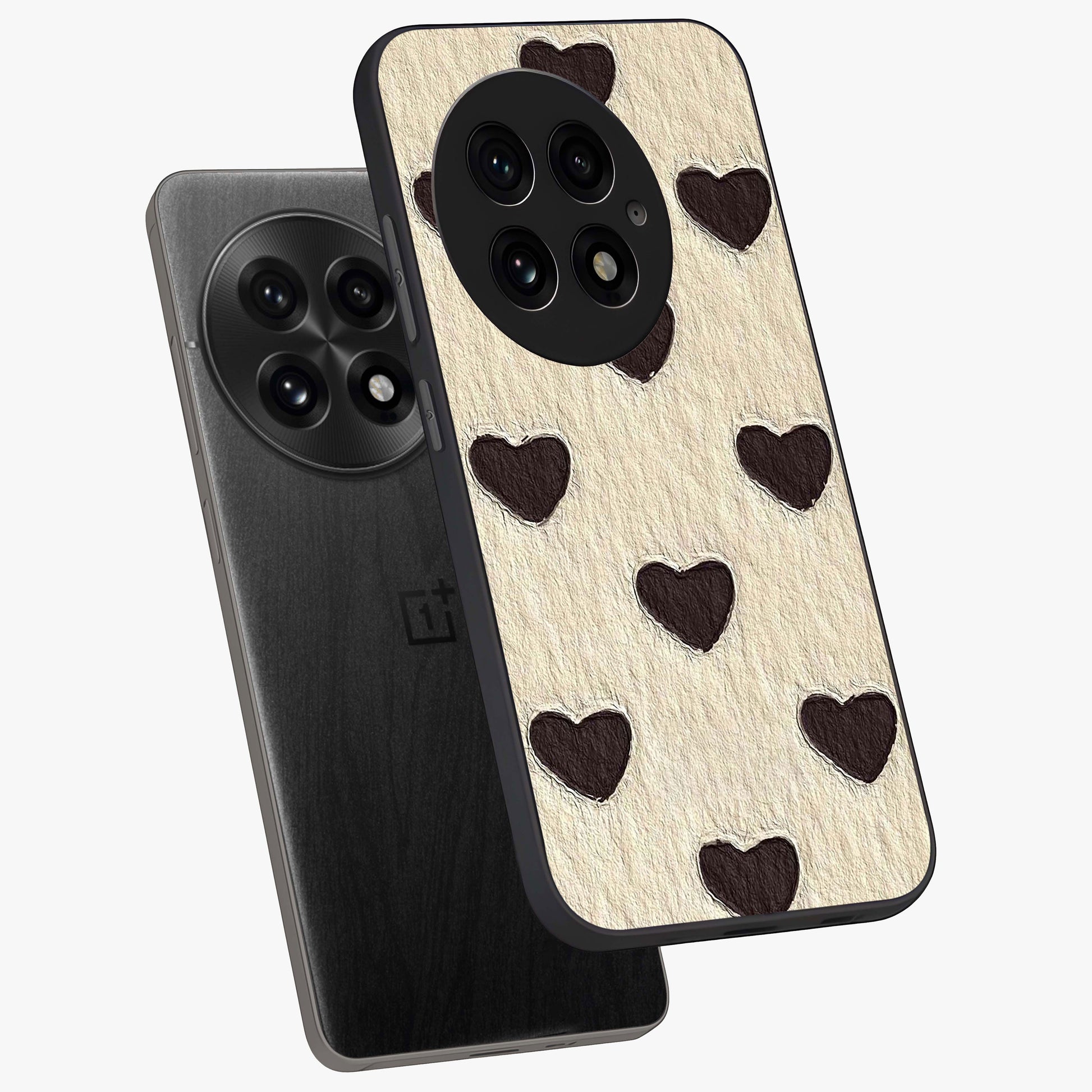 Textured Love Pattern Glass Case for 1+13 angled mockup showcasing glossy finish and subtle pattern detailing