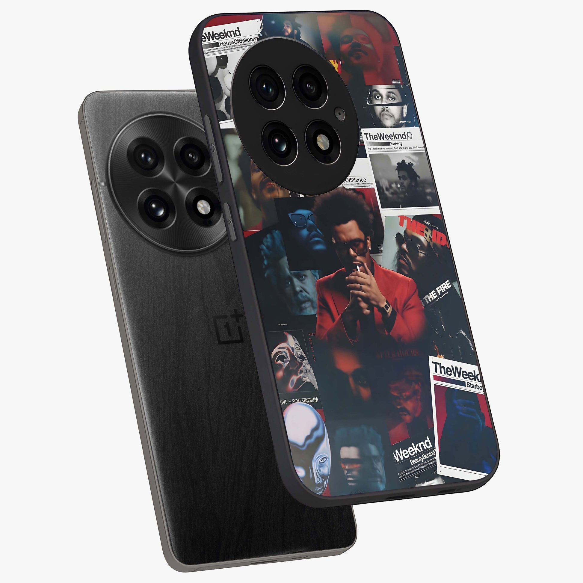 The Weeknd Glass Case for 1+13 angled mockup showcasing glossy finish and bold modern tones
