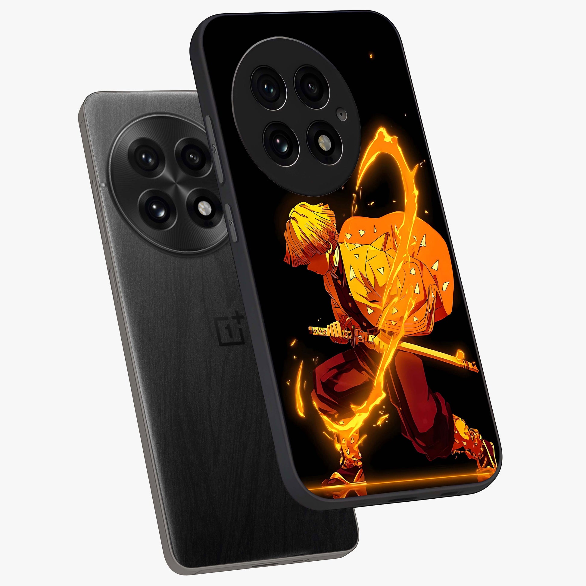 Thunder Flame Execution Glass Case for 1+13 angled mockup showcasing glossy finish and dramatic high contrast tones