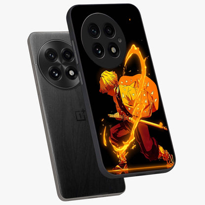 Thunder Flame Execution Glass Case for 1+13 angled mockup showcasing glossy finish and dramatic high contrast tones