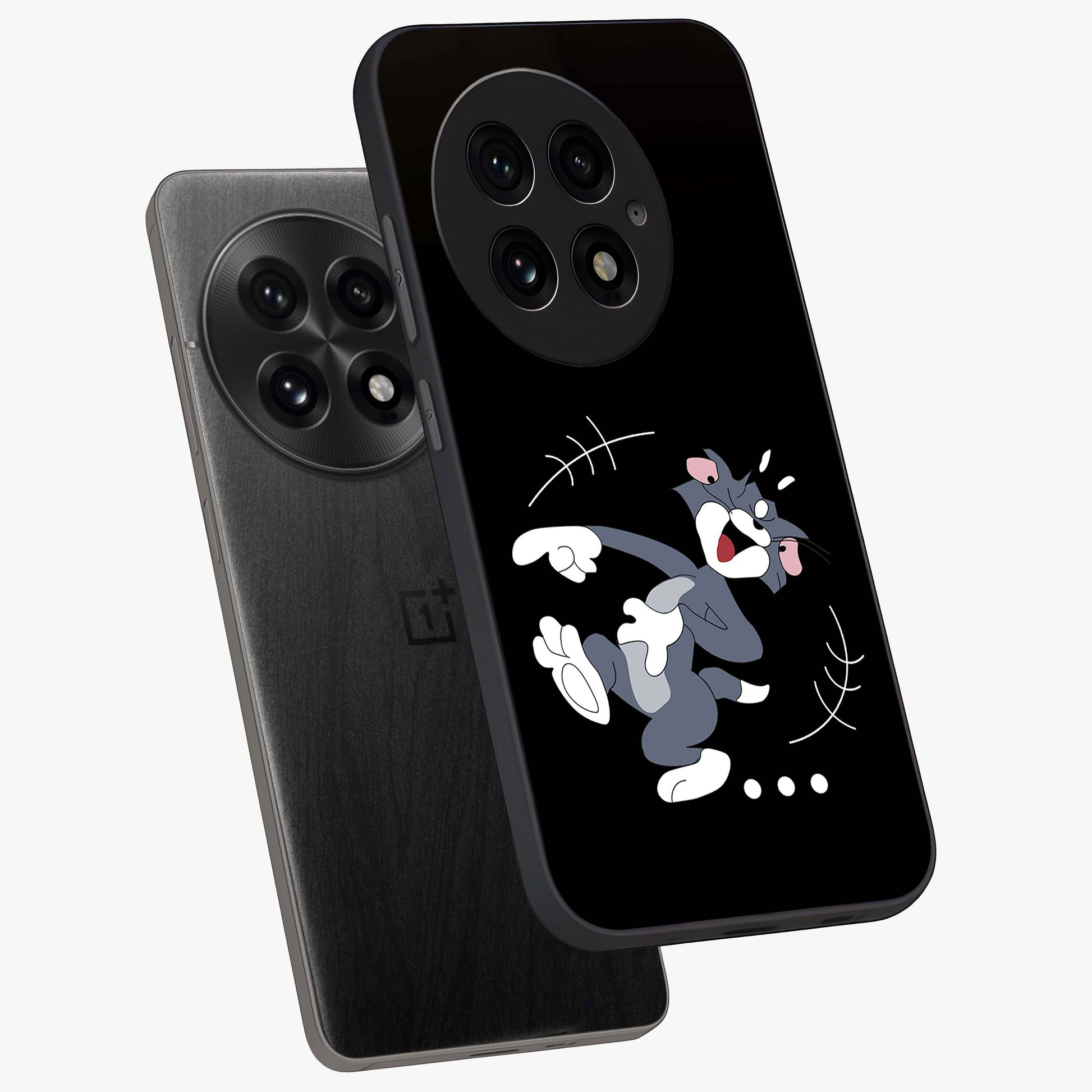 Tom in Trouble Glass Case for 1+13 angled mockup showcasing glossy finish and vibrant cartoon detailing
