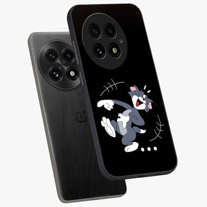 Tom in Trouble Glass Case for 1+13 angled mockup showcasing glossy finish and vibrant cartoon detailing