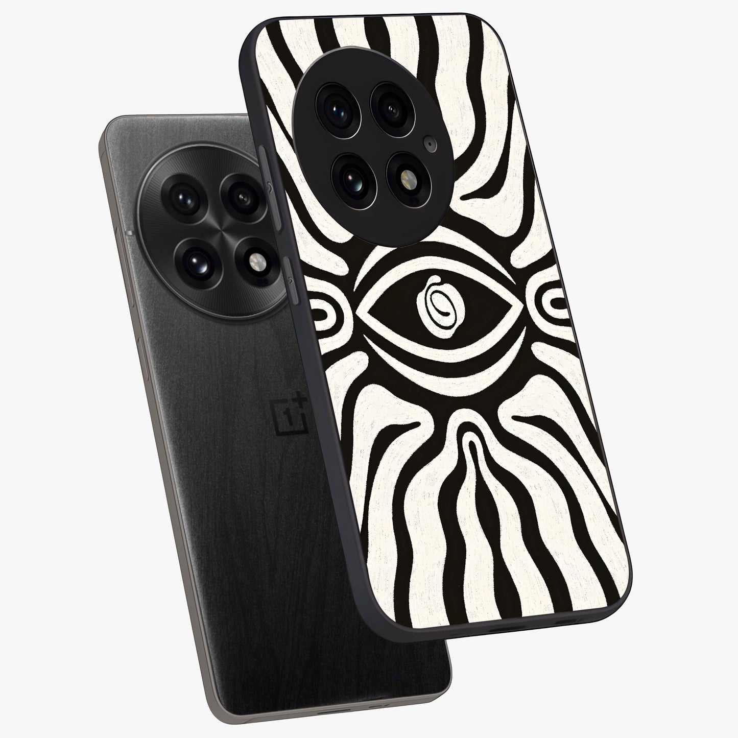 Trancewave Illusion Art Glass Case for 1+13 angled mockup showcasing glossy finish and psychedelic detailing