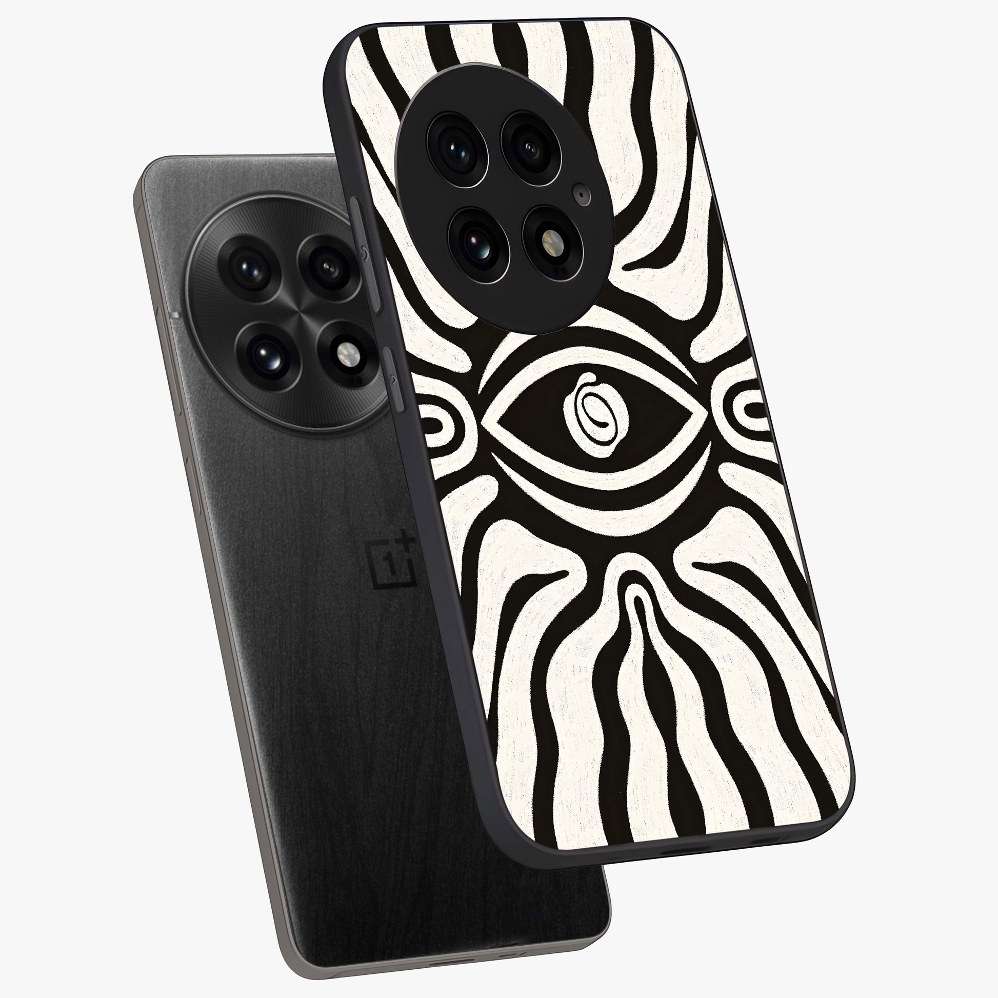 Trancewave Illusion Art Glass Case for 1+13 angled mockup showcasing glossy finish and psychedelic detailing