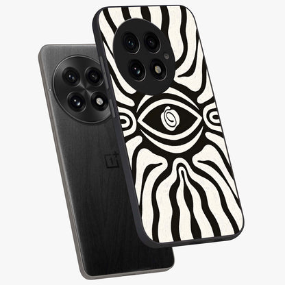 Trancewave Illusion Art Glass Case for 1+13 angled mockup showcasing glossy finish and psychedelic detailing
