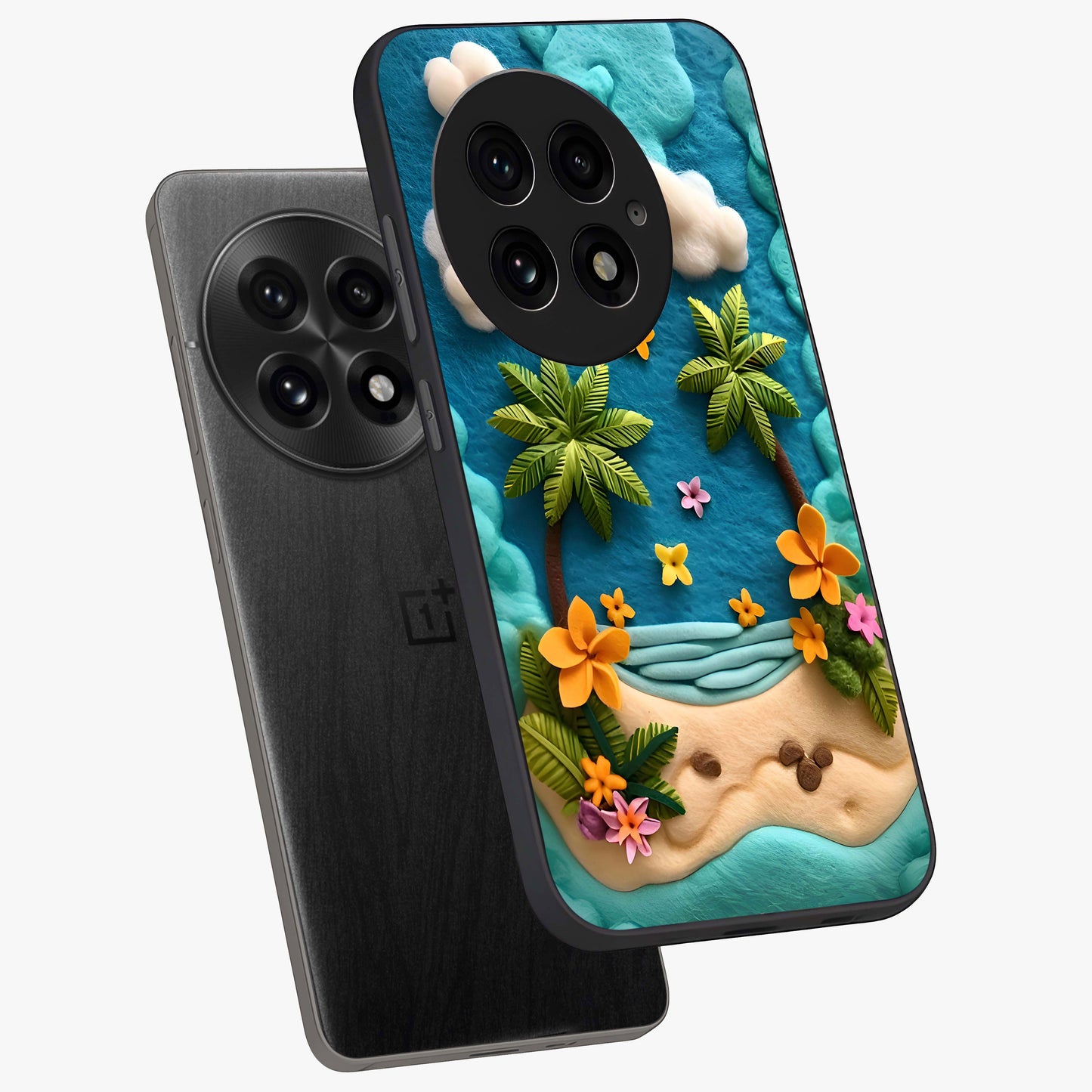 Tropical Felt Escape Glass Case for 1+13 angled mockup showcasing glossy finish and vibrant island tones
