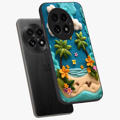 Tropical Felt Escape Glass Case for 1+13 angled mockup showcasing glossy finish and vibrant island tones