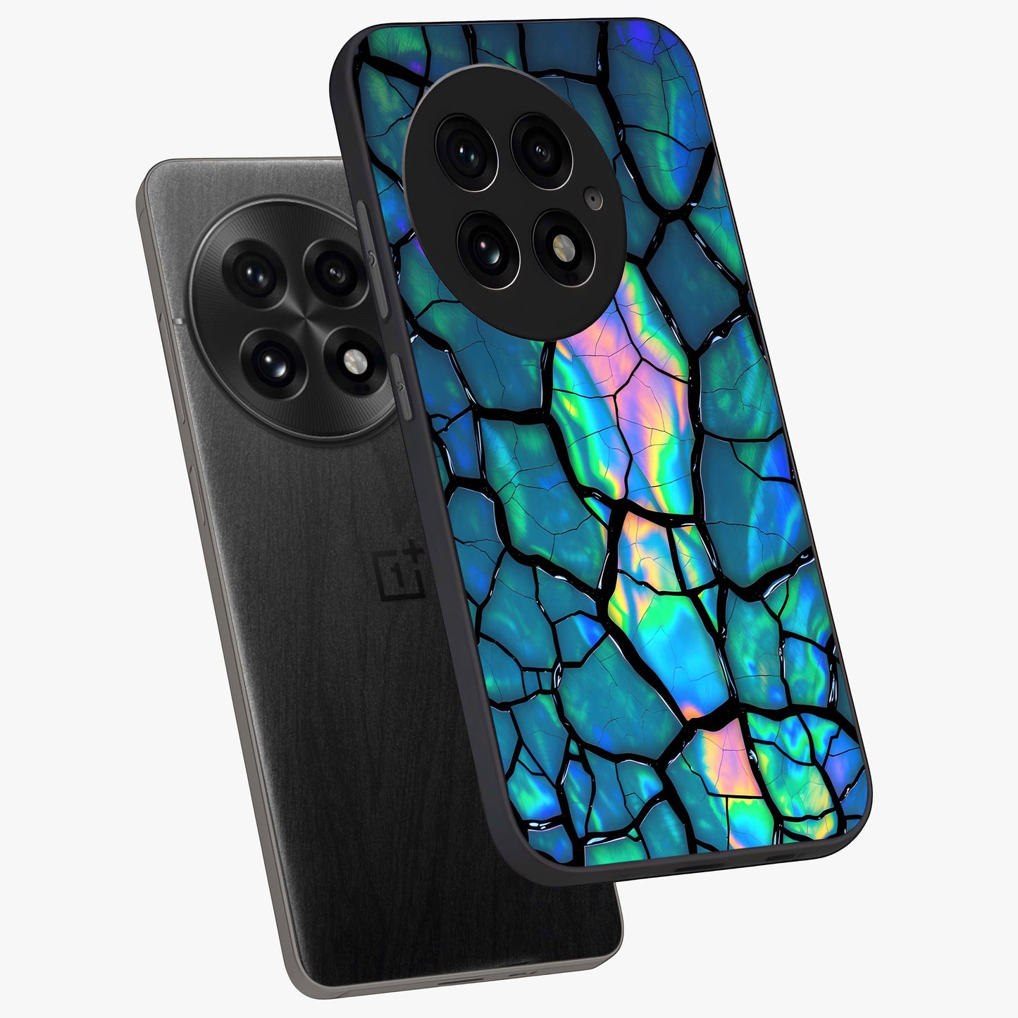 Tropical Wing Vibe Glass Case for 1+13 angled mockup showcasing glossy finish and bold gradient detailing