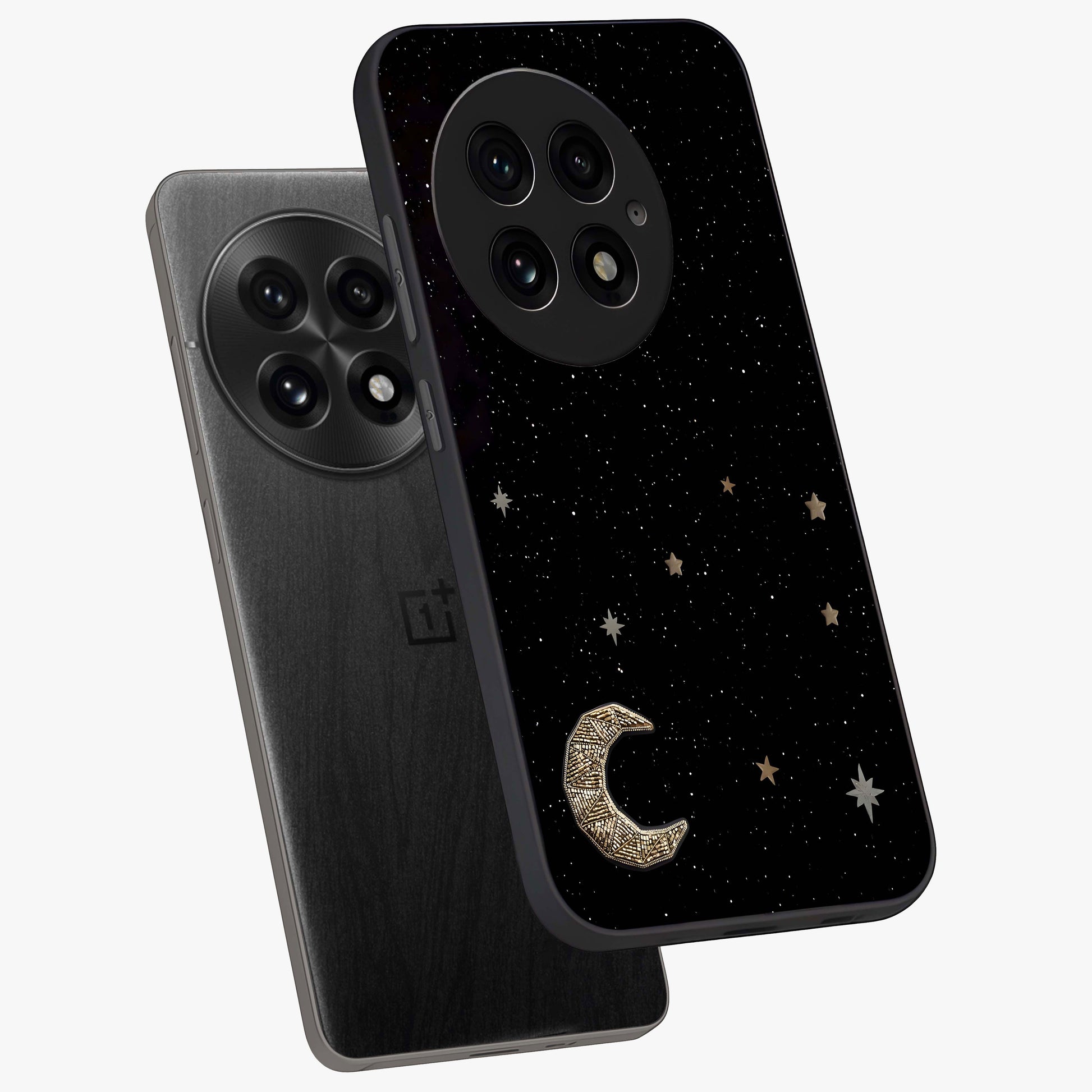 Twinkle Star With Half Moon Glass Case for 1+13 angled mockup showcasing glossy finish and celestial night tones