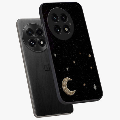 Twinkle Star With Half Moon Glass Case for 1+13 angled mockup showcasing glossy finish and celestial night tones
