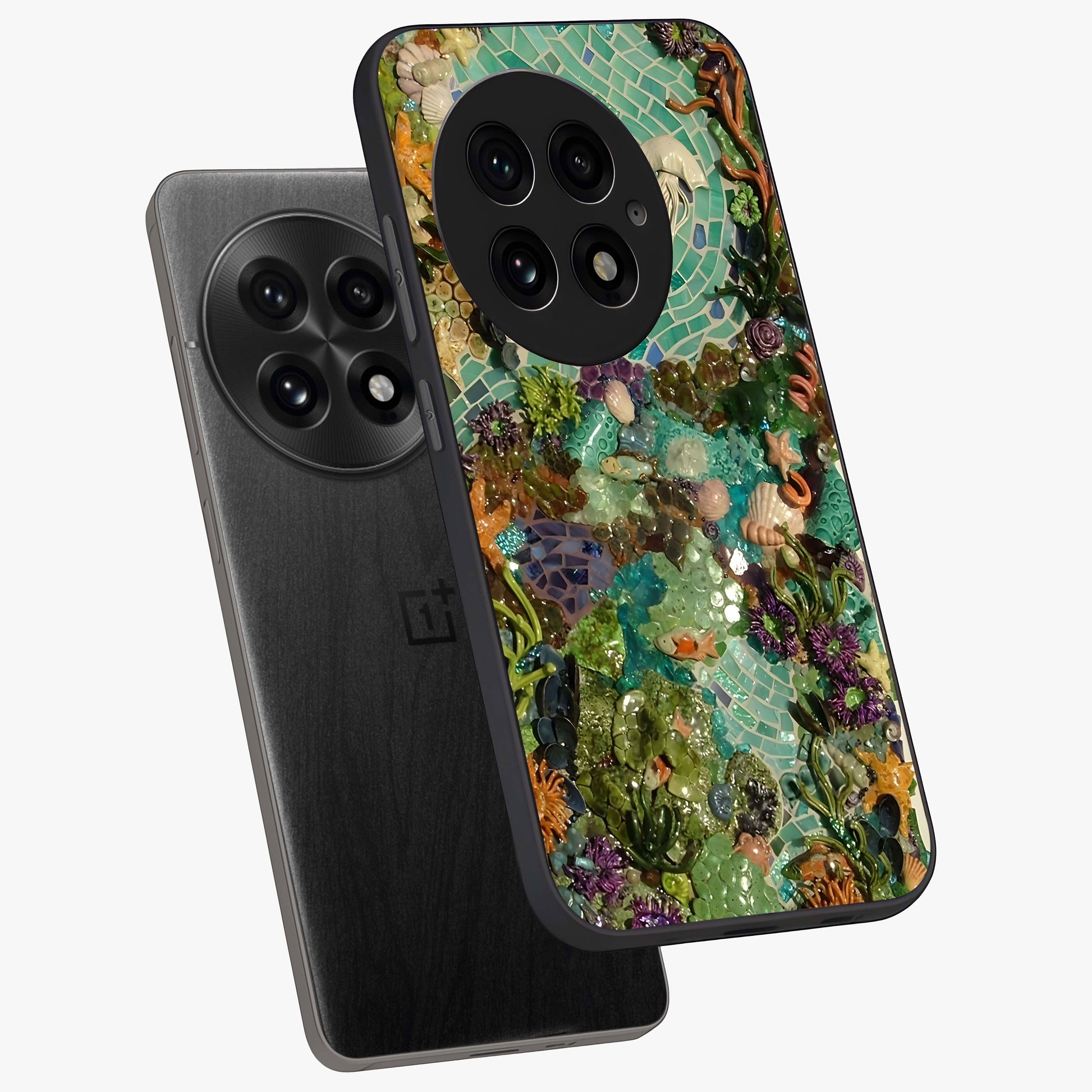 Underwater Mosaic Art Glass Case for 1+13 angled mockup showcasing glossy finish and vibrant aquatic tones