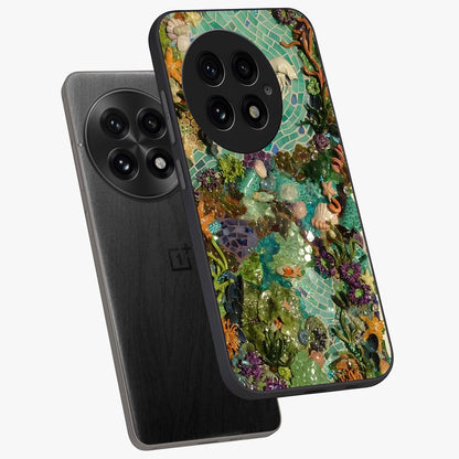 Underwater Mosaic Art Glass Case for 1+13 angled mockup showcasing glossy finish and vibrant aquatic tones