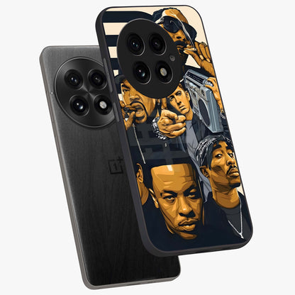 Urban Rap Legends Glass Case for 1+13 angled mockup showcasing glossy finish and edgy urban detailing