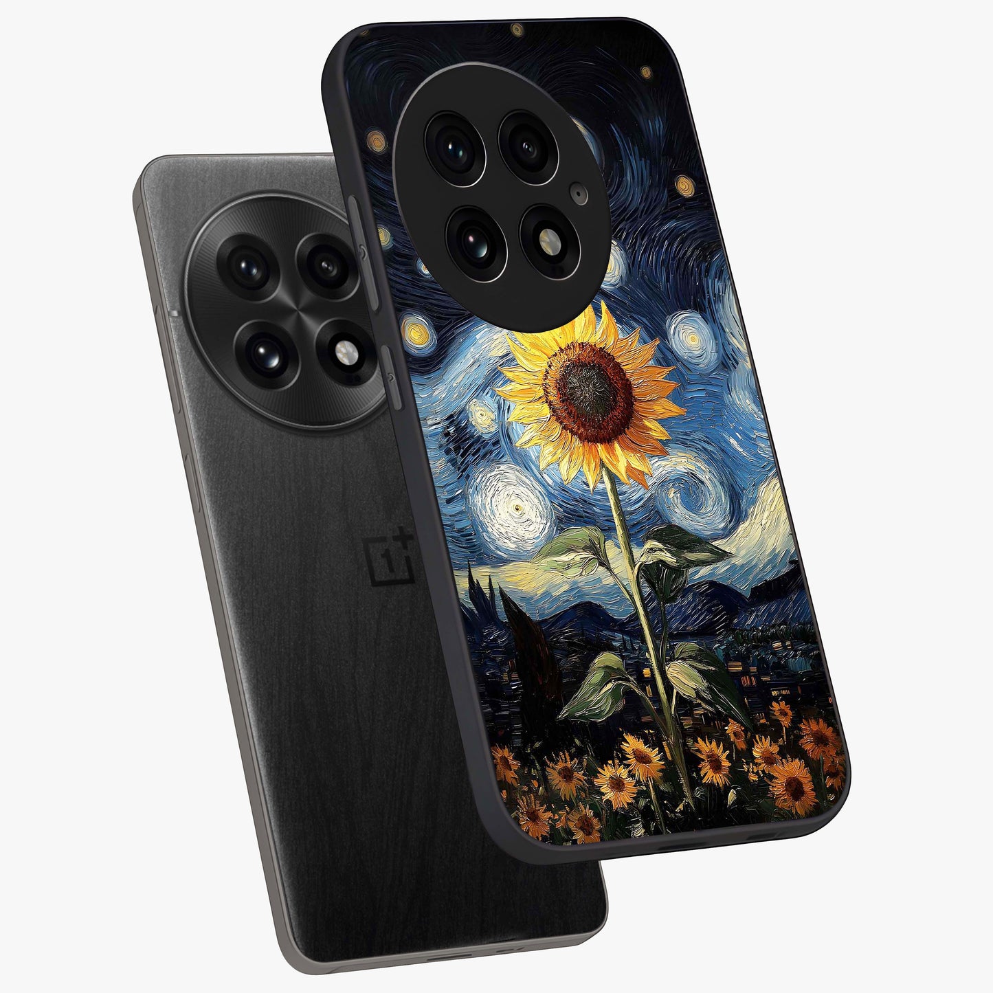 Van Gogh Sunflower Glass Case for 1+13 angled mockup showcasing glossy finish and bold yellow tones