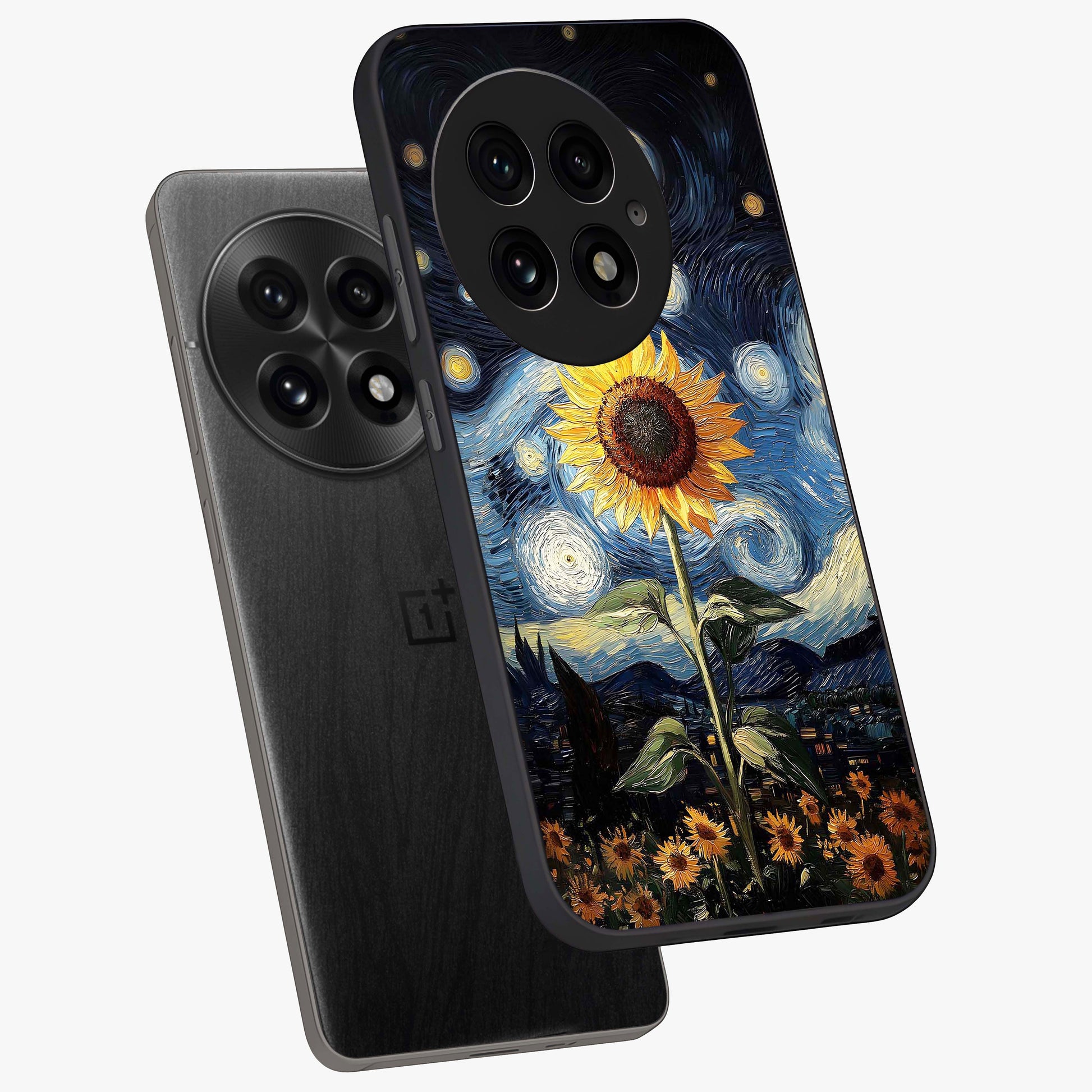 Van Gogh Sunflower Glass Case for 1+13 angled mockup showcasing glossy finish and bold yellow tones