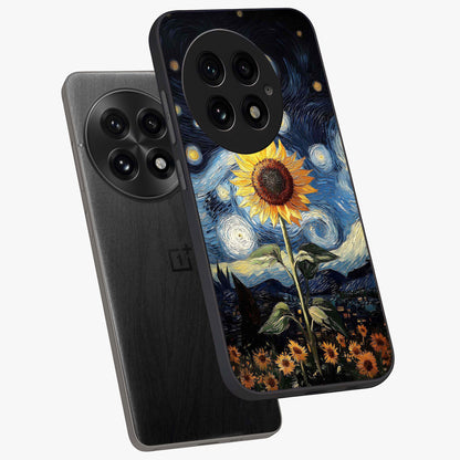 Van Gogh Sunflower Glass Case for 1+13 angled mockup showcasing glossy finish and bold yellow tones