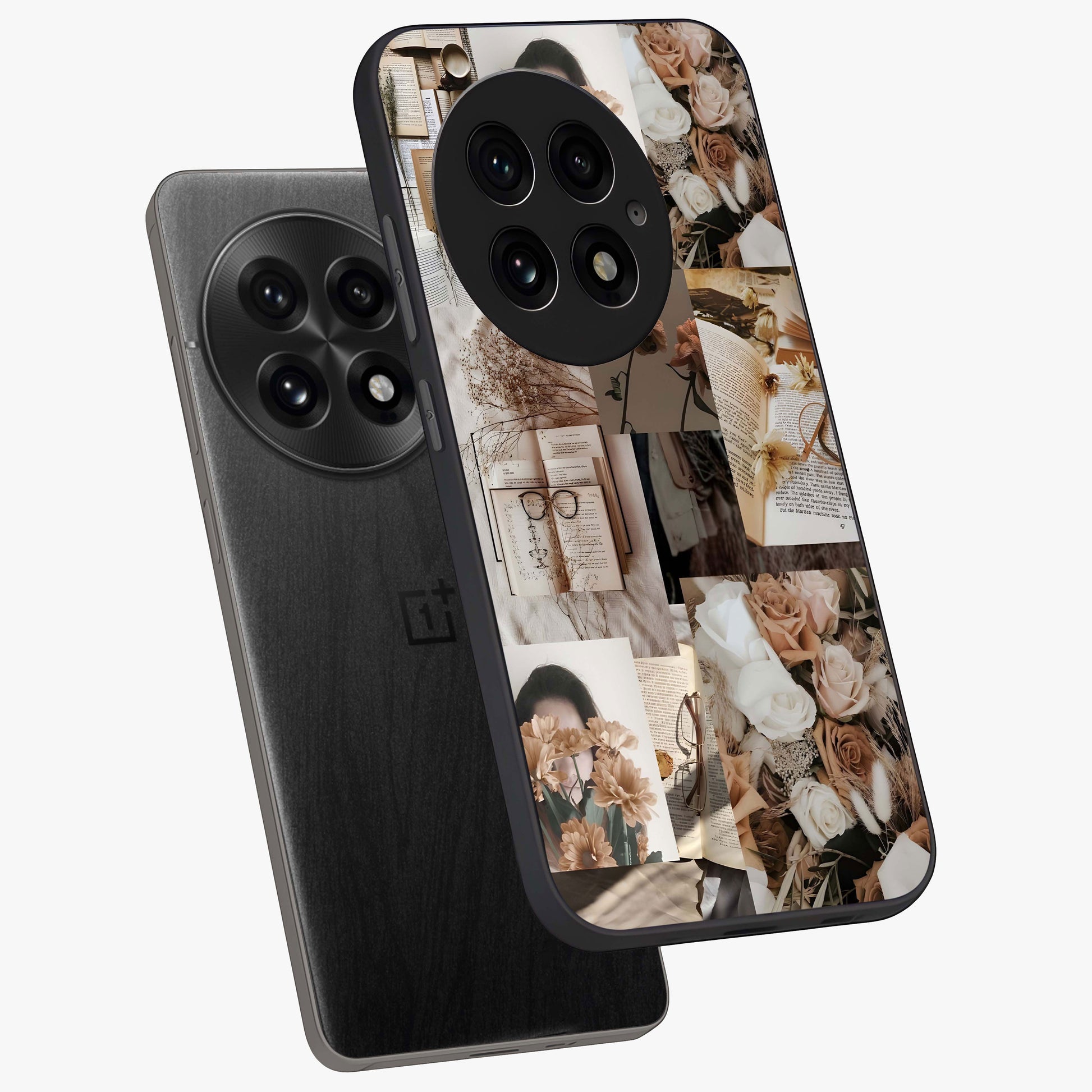 Vintage Bloom Story Glass Case for 1+13 angled mockup showcasing glossy finish and soft heritage tones