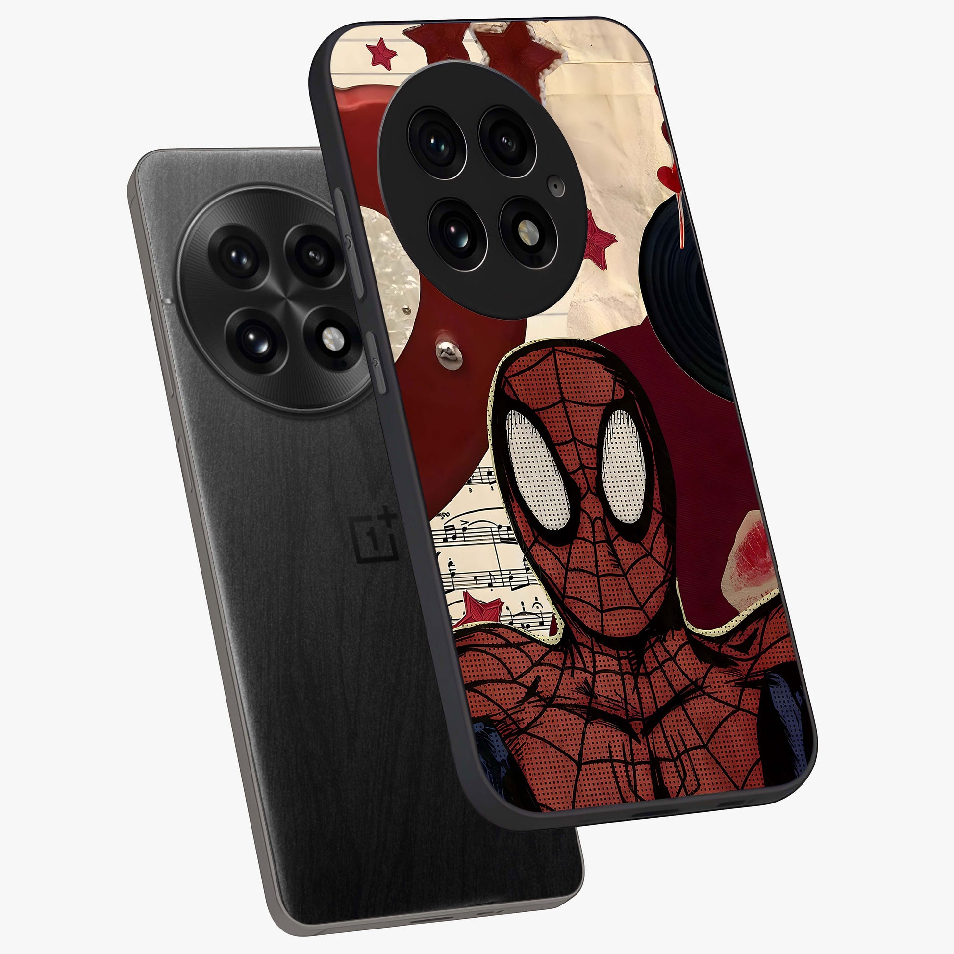 Web Warrior Vibes Glass Case for 1+13 angled mockup showcasing glossy finish and bold comic style detailing