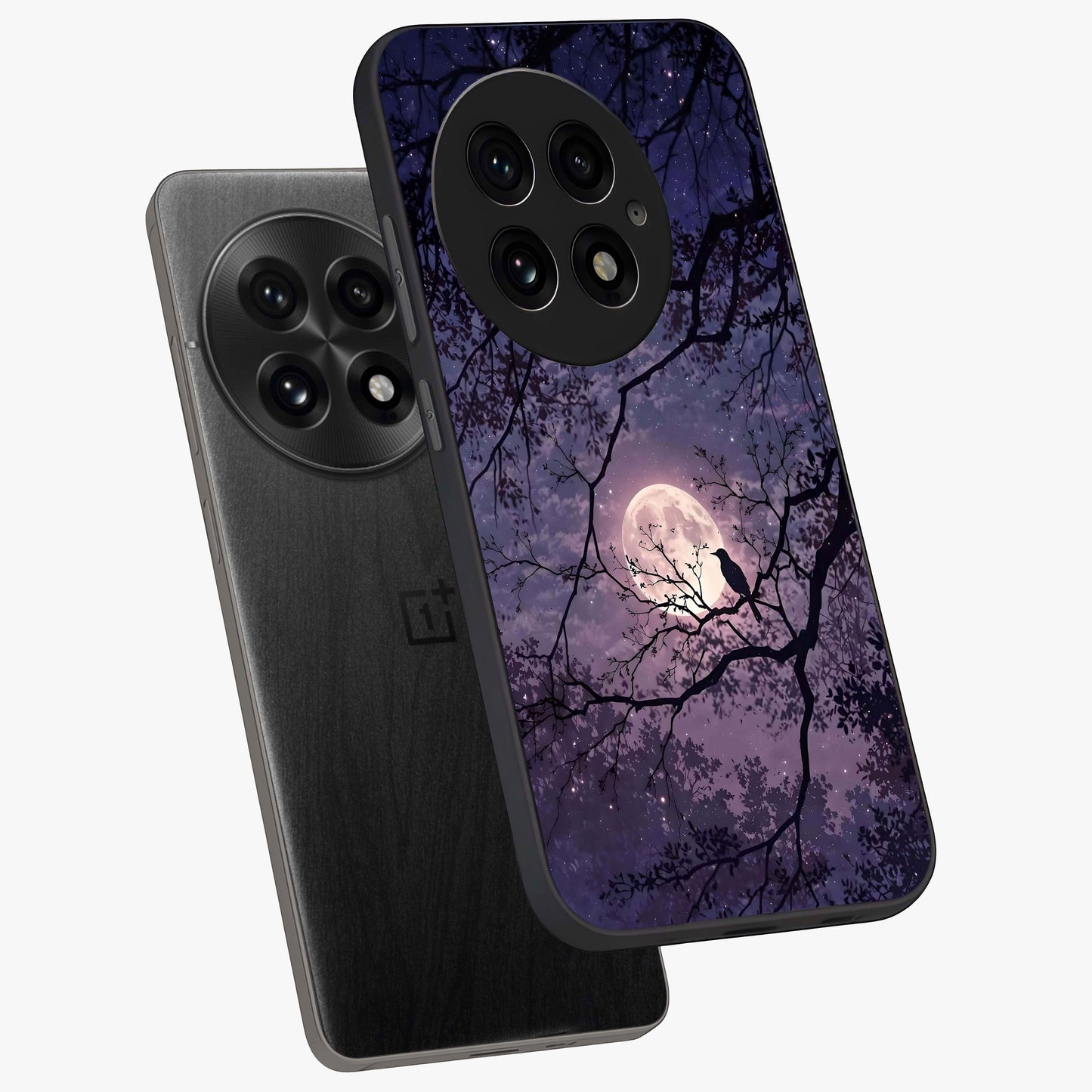Whispering Moon Silence Glass Case for 1+13 angled mockup showcasing glossy finish and subtle celestial detailing