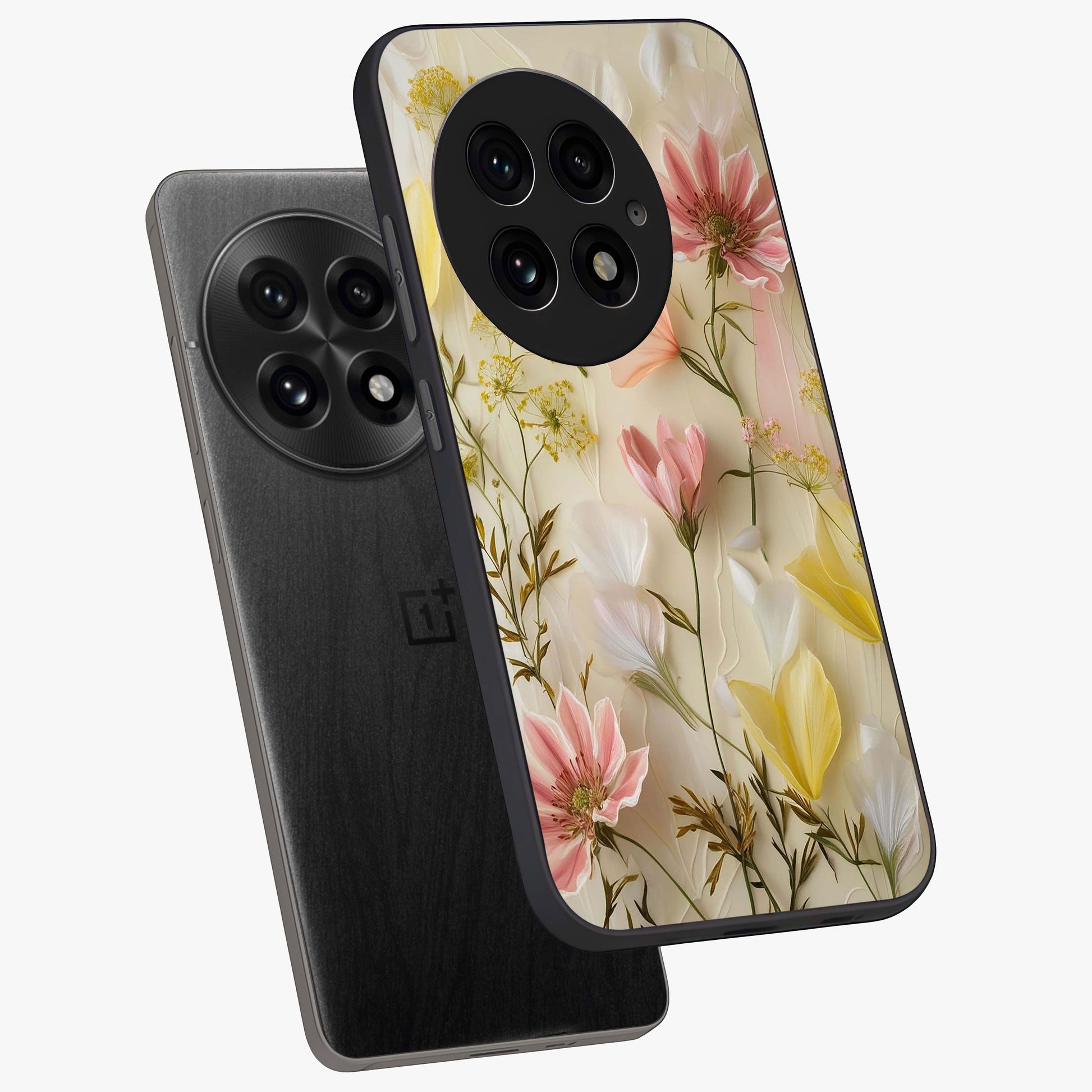 Whispering Petal Harmony Glass Case for 1+13 angled mockup showcasing glossy finish and delicate bloom detailing