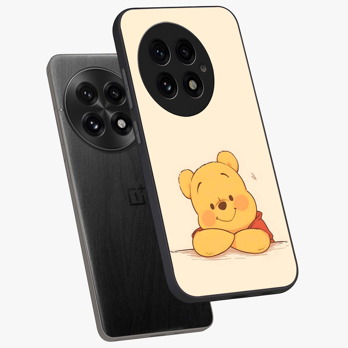 Winniethe Pooh Glass Case for 1+13 angled mockup showcasing glossy finish and soft playful tones